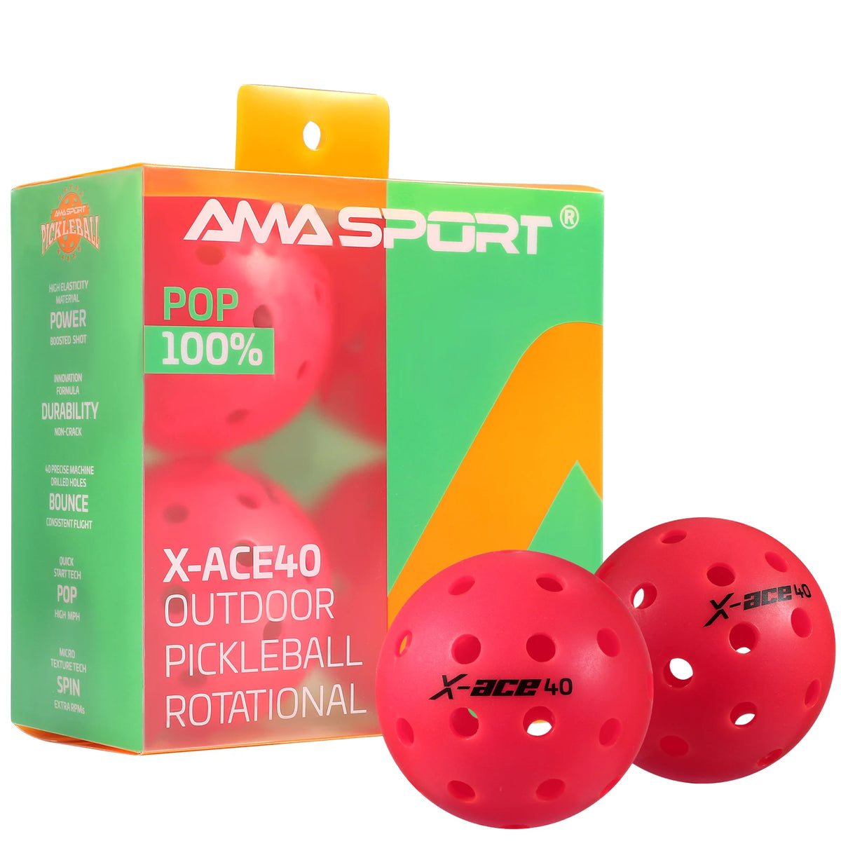 Balles de pickleball AMASPORT X-ACE 40 roses : boîte carrée verte et orange, deux balles devant l'emballage