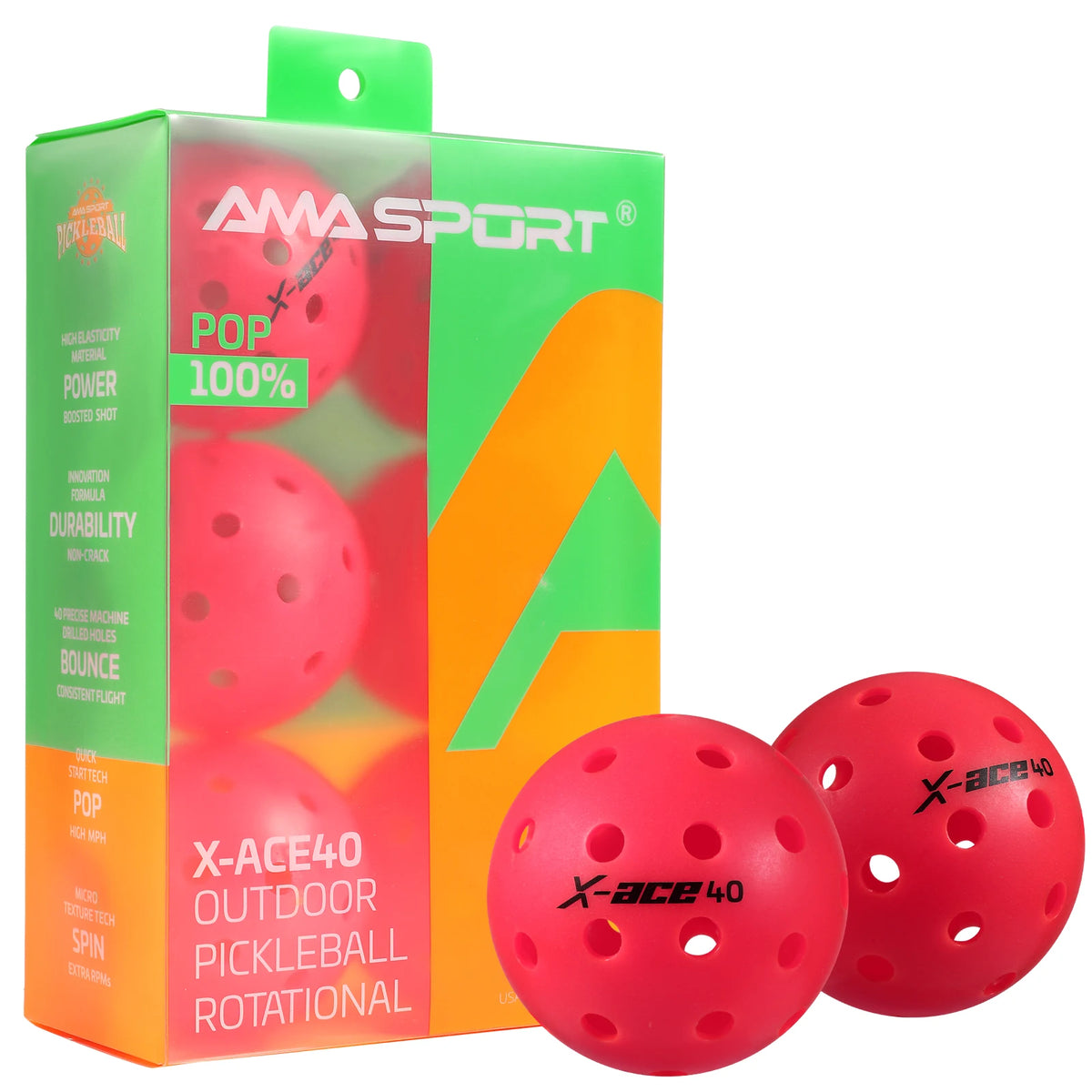 Balles de pickleball AMASPORT X-ACE 40 roses : boîte haute transparente et deux balles posées devant elle