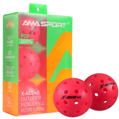 Balles de pickleball AMASPORT X-ACE 40 roses : boîte haute transparente et deux balles posées devant elle