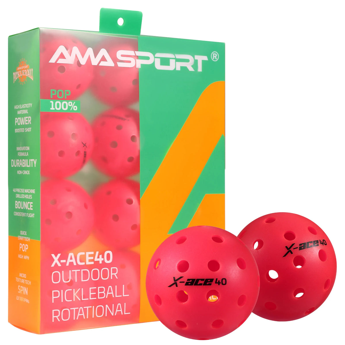 Balles de pickleball AMASPORT X-ACE 40 roses : grande boîte transparente et deux balles posées au premier plan