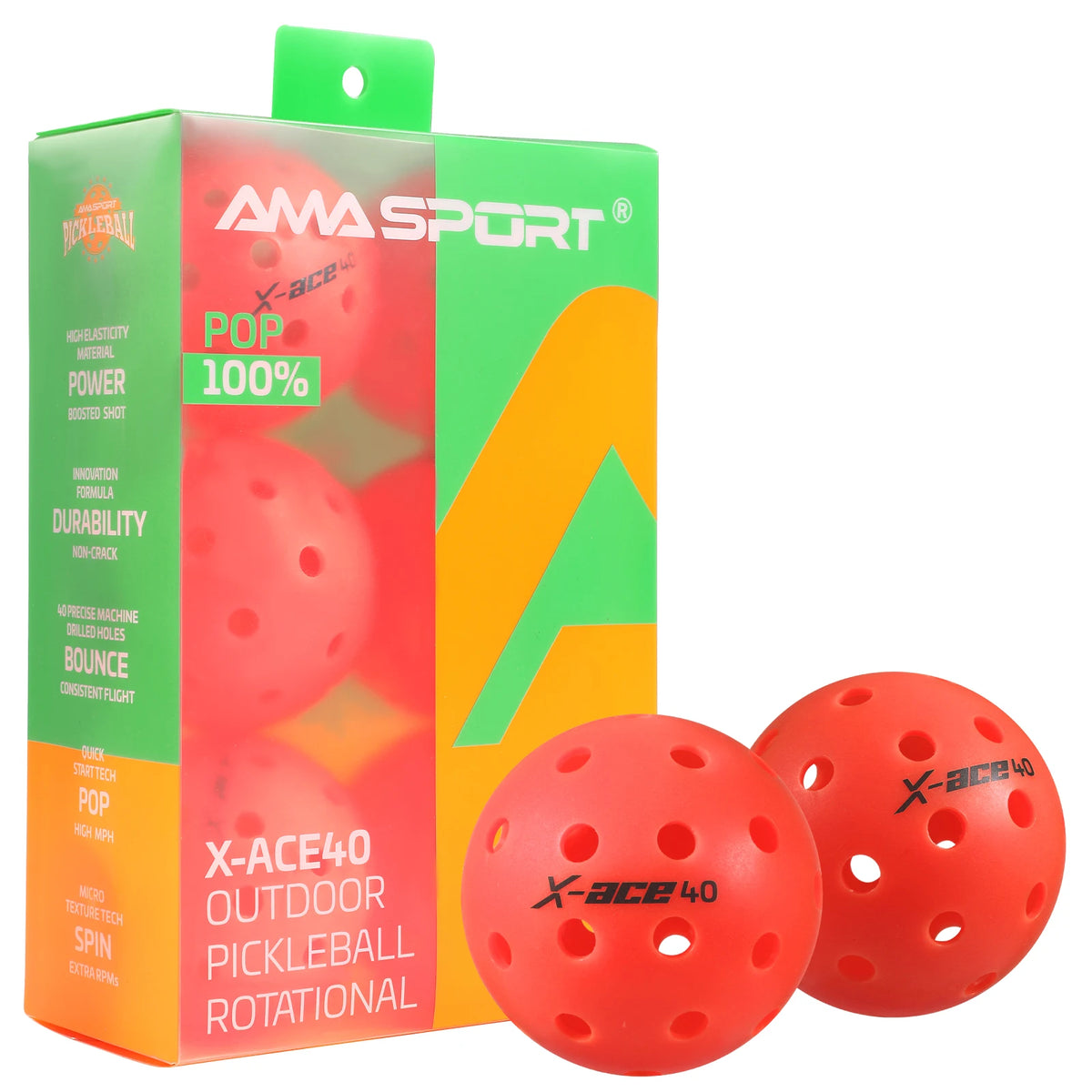 Balles de pickleball AMASPORT X-ACE 40 rouges : boîte haute transparente et deux balles posées devant elle