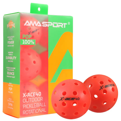 Balles de pickleball AMASPORT X-ACE 40 rouges : boîte haute transparente et deux balles posées devant elle
