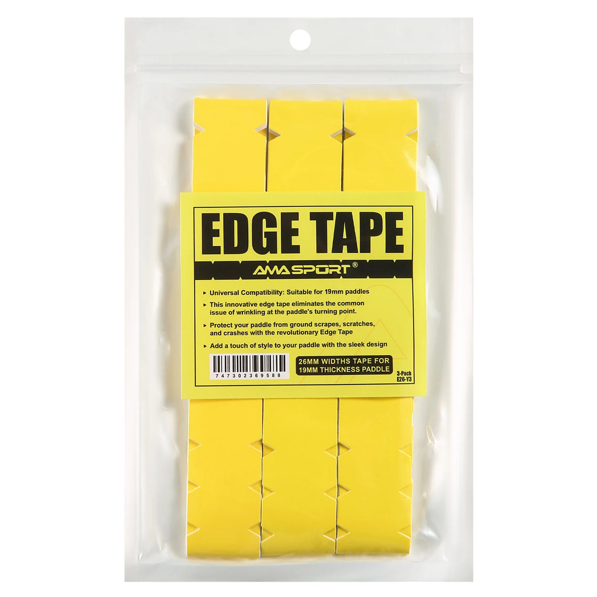 Bande de protection de raquette AMASPORT jaune, largeur 26 mm : sachet de 3 bandes pour raquettes de 19 mm