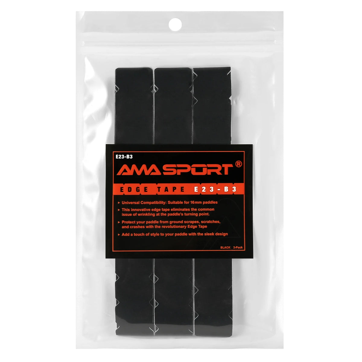Bande de protection de raquette AMASPORT noire, largeur 23 mm : sachet de 3 bandes avec étiquette orange