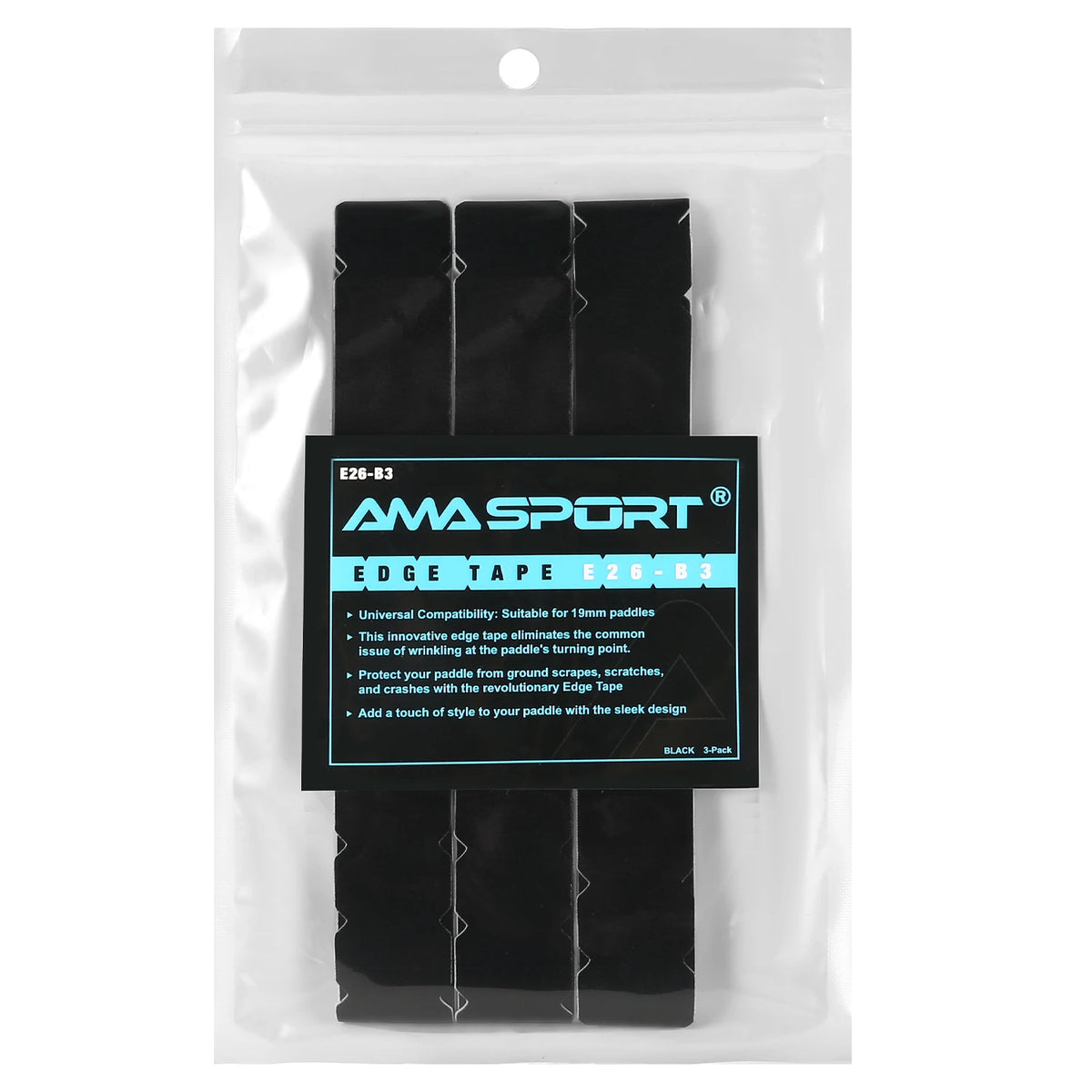 Bande de protection de raquette AMASPORT noire, largeur 26 mm : sachet de 3 bandes avec étiquette bleue