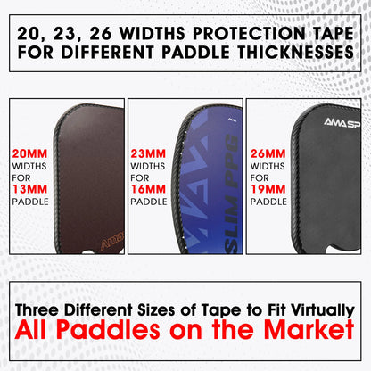 Bande de protection de raquette AMASPORT : les trois largeurs 20, 23 et 26 mm posées sur trois raquettes