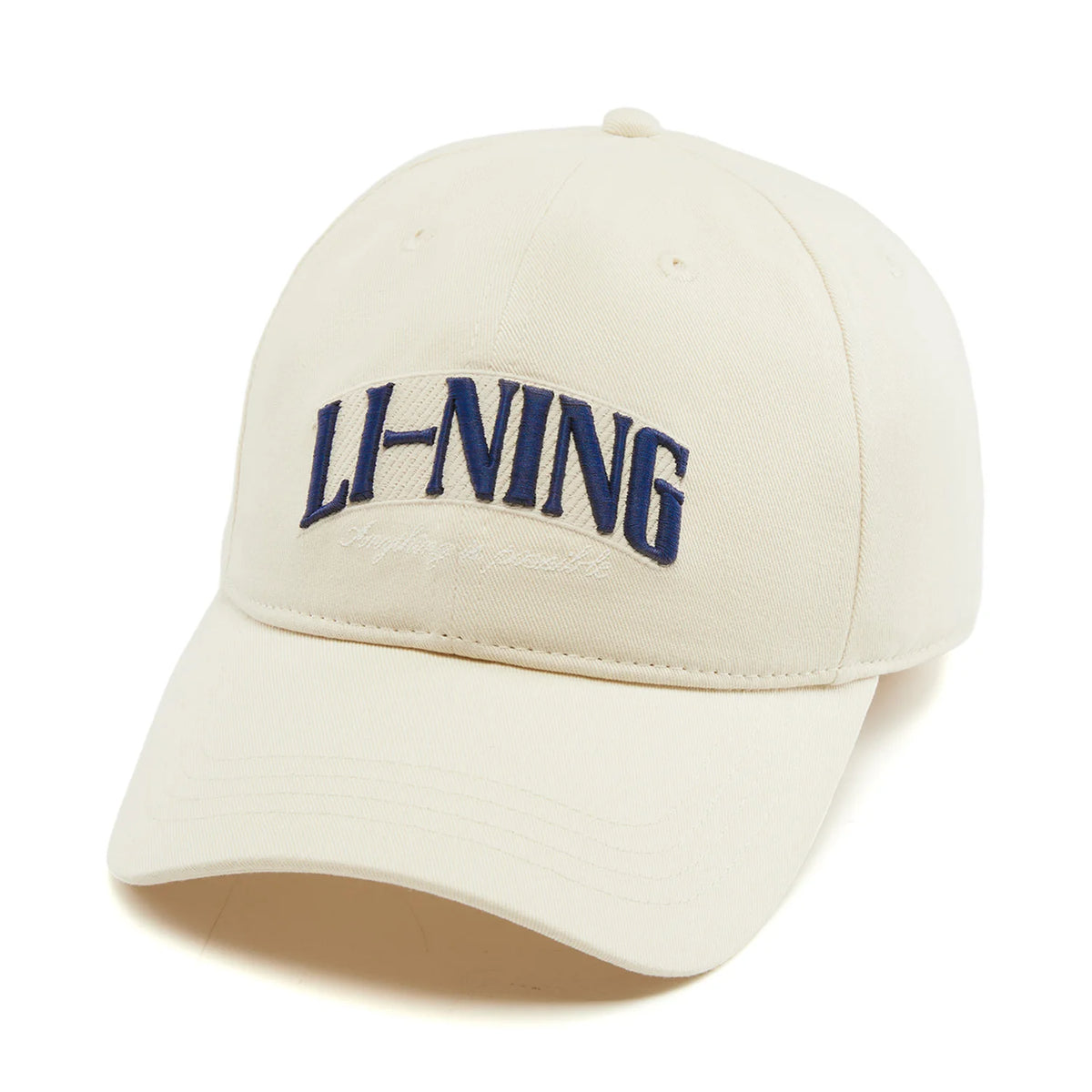 Casquette réglable Li-Ning en coton écru, logo LI-NING bleu marine brodé et coutures ton sur ton