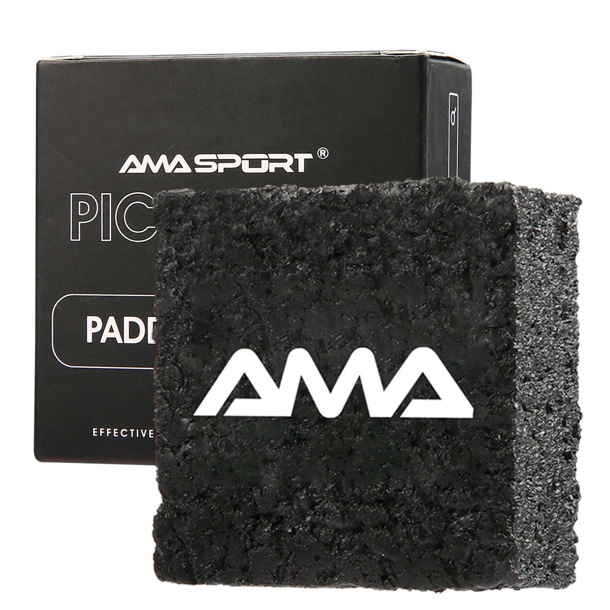 Gomme de nettoyage AMASPORT noire au logo AMA blanc, en gros plan devant sa boîte Pickleball Paddle Cleaner