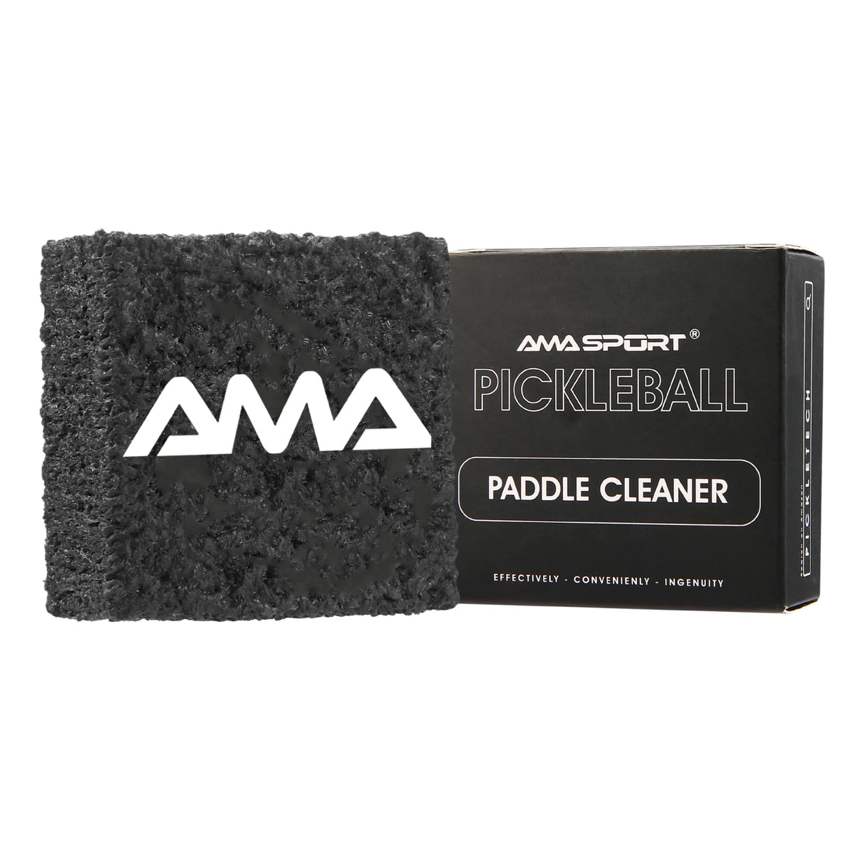 Gomme de nettoyage AMASPORT noire pour raquette de pickleball, posée devant sa boîte noire Paddle Cleaner