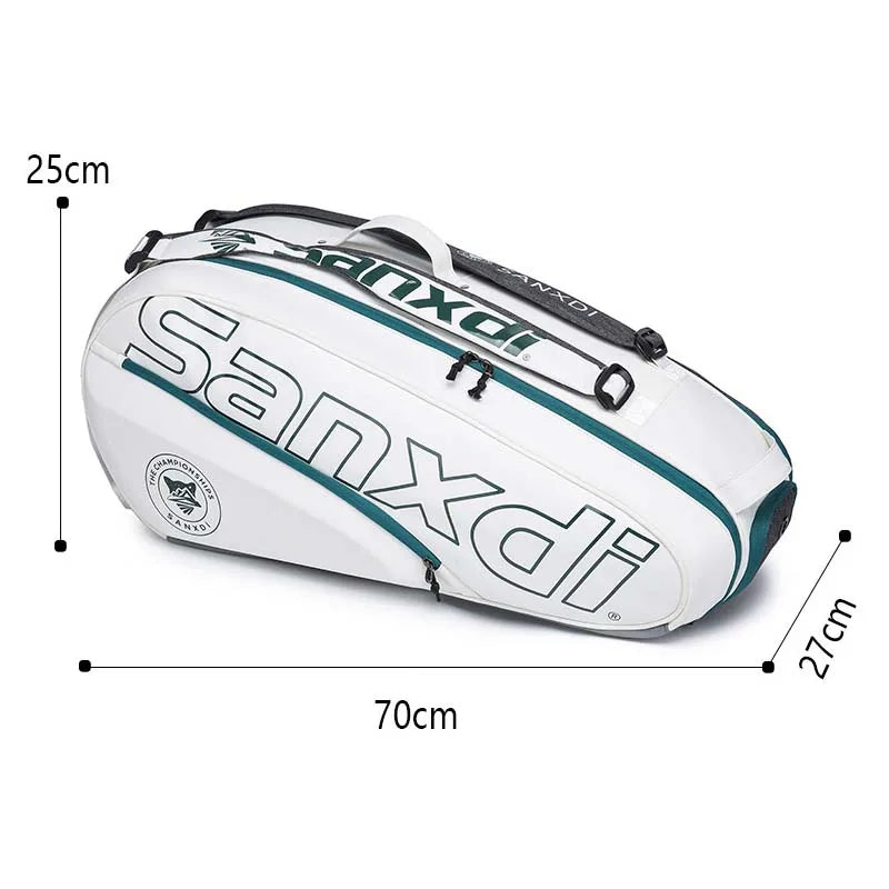 Grand sac de raquettes SANXDI blanc à liserés verts avec ses dimensions : 70 cm de long, 27 cm et 25 cm
