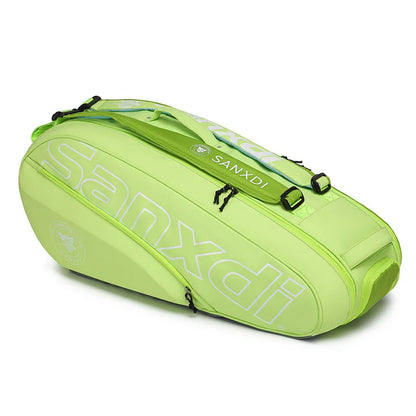 Grand sac de raquettes SANXDI vert anis, logo SANXDI ton sur ton, sangle d'épaule verte et poignée