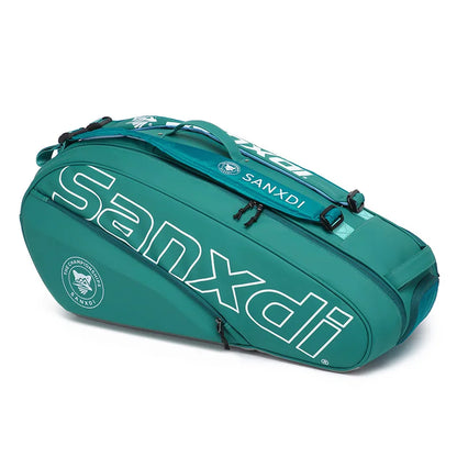 Grand sac de raquettes SANXDI vert canard, inscription SANXDI blanche géante, poignée et sangle sur le dessus