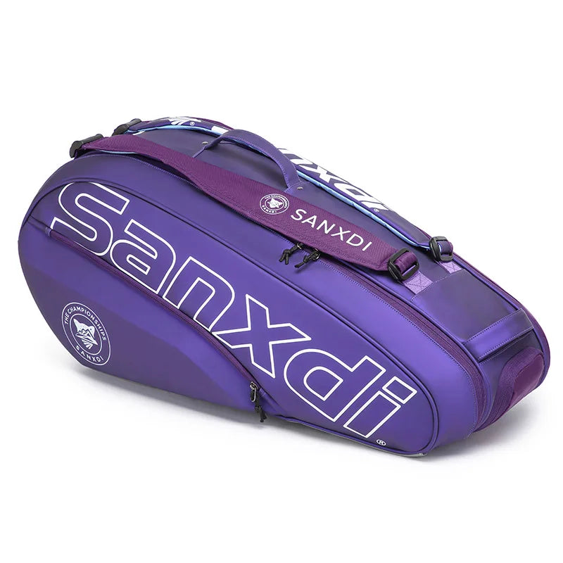 Grand sac de raquettes SANXDI violet, grande inscription SANXDI blanche, sangle d'épaule prune et poignée