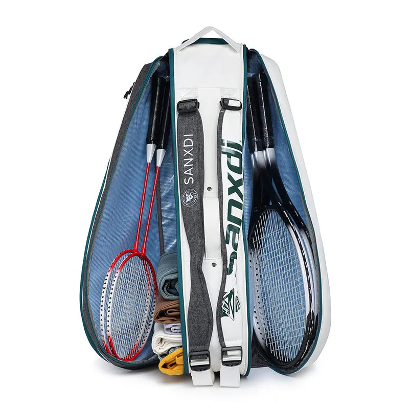 Grand sac de raquettes SANXDI ouvert en deux : raquettes de badminton et de tennis, serviettes rangées au centre