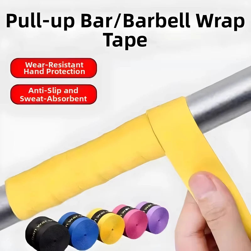 Grip antidérapant jaune enroulé sur une barre de traction, rouleaux noir, bleu, jaune, rose et violet en bas