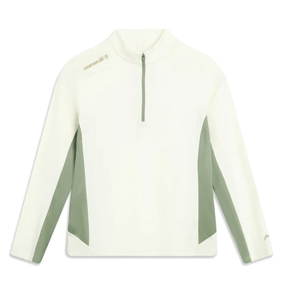 Haut manches longues femme Li-Ning écru et vert sauge vu de face à plat, demi-zip vert et logo Counterflow