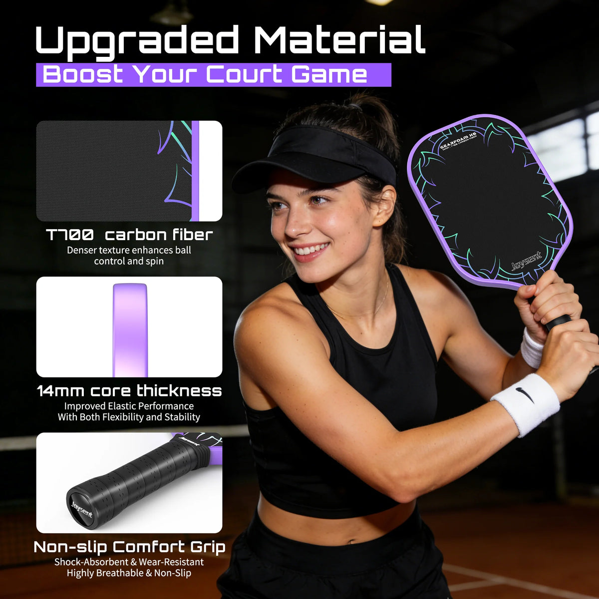 Joueuse de pickleball avec une raquette Joysent T700 violette