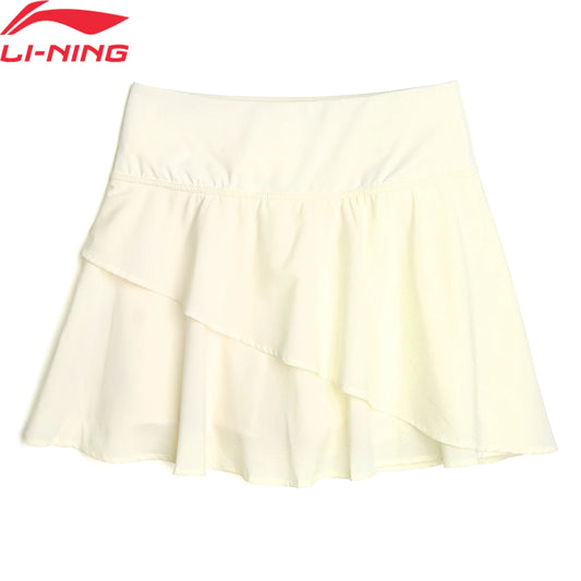 Jupe de pickleball Li-Ning écru vue de face, volants asymétriques superposés et ceinture large élastique