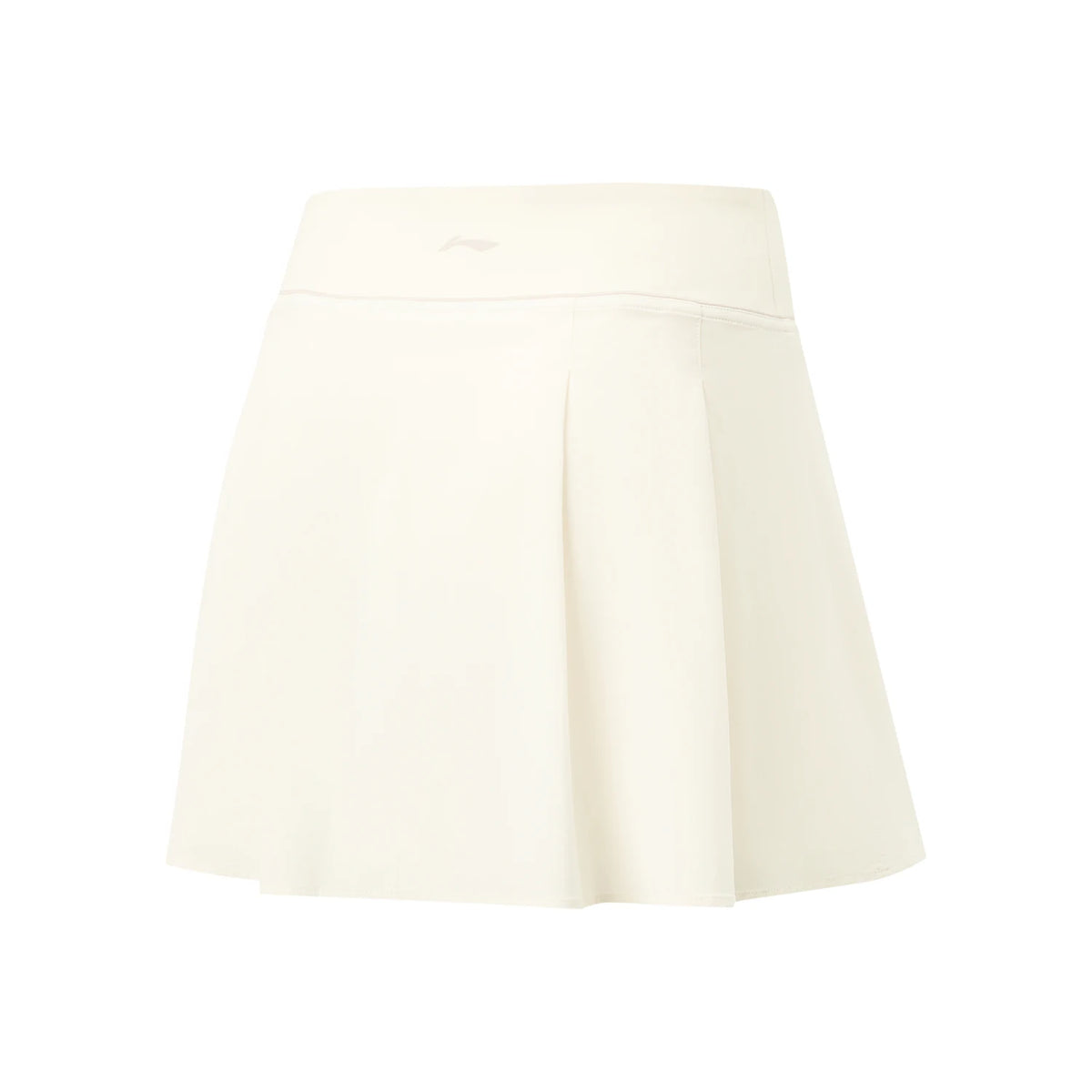 Jupe-short femme Li-Ning LN DRY blanc cassé vue de dos à plat, plis creux et logo ton sur ton à la ceinture