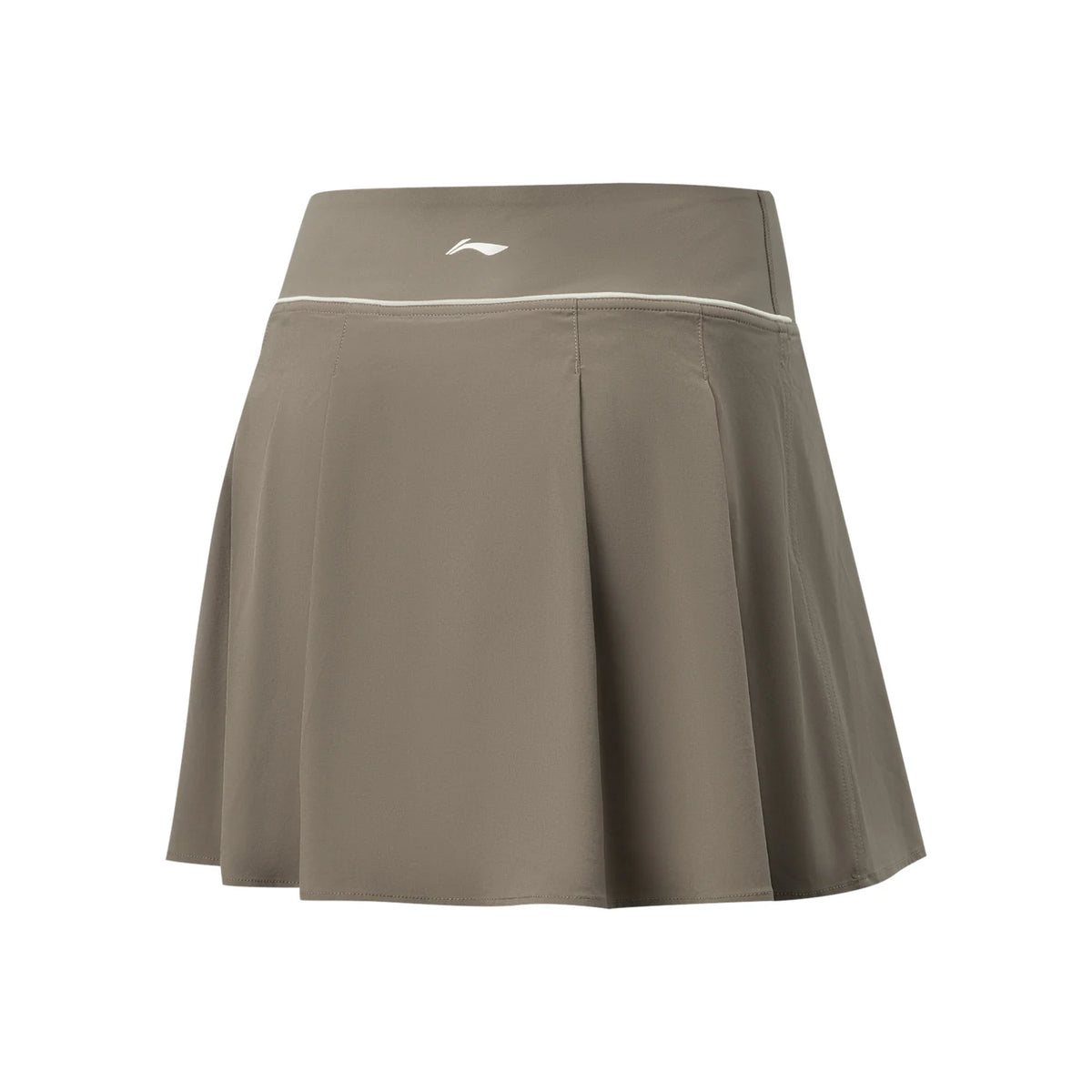 Jupe-short femme Li-Ning LN DRY taupe vue de dos à plat, plis creux, liseré crème et logo Li-Ning à la taille