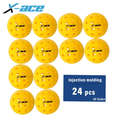 Lot de 24 balles de pickleball X-ace jaunes à 40 trous pour l'extérieur, présentées en rangées sur fond blanc