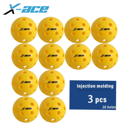 Lot de 3 balles X-ace intérieur jaunes à 26 trous pour le pickleball en salle, avec logo X-ace bleu sur fond blanc