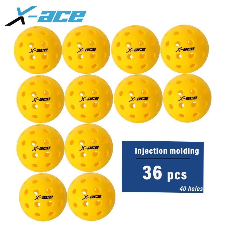 Lot de 36 balles X-ace jaunes à 40 trous pour jouer au pickleball dehors, visuel de douze balles sur fond blanc