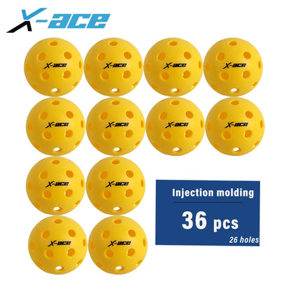 Lot de 36 balles de pickleball X-ace intérieur jaunes à 26 trous, visuel de douze balles en rangées sur fond blanc