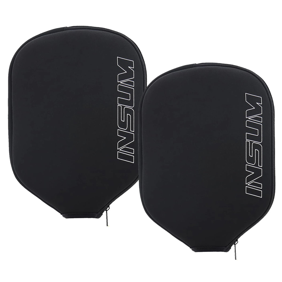 Lot de deux housses de raquette INSUM en néoprène noir, logo blanc en contour, zip visible en bas