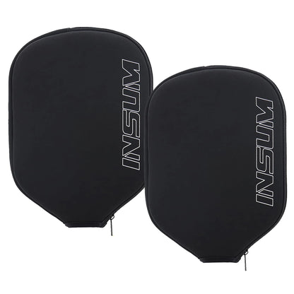 Lot de deux housses de raquette INSUM en néoprène noir, logo blanc en contour, zip visible en bas