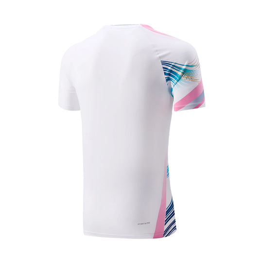 Maillot de pickleball Li-Ning Compétition blanc vu de dos, manches à rayures bleues, roses et dorées