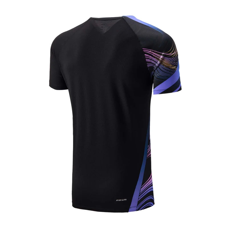 Maillot de pickleball Li-Ning Compétition noir vu de dos, épaule et flanc à motifs ondulés violets et roses
