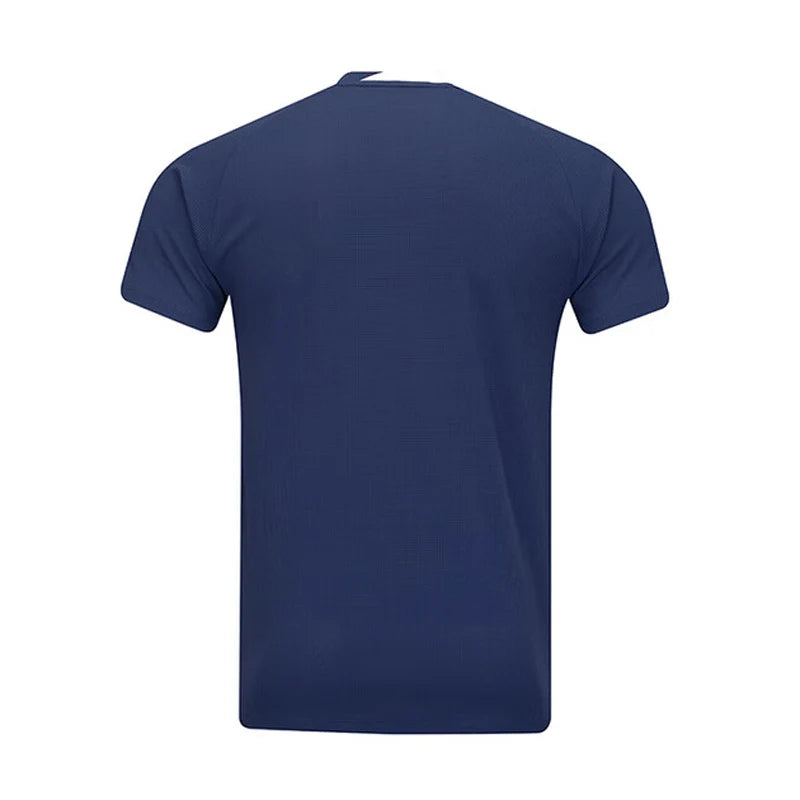 Maillot de pickleball Li-Ning Pro bleu marine vu de dos, uni, manches raglan et liseré blanc au col