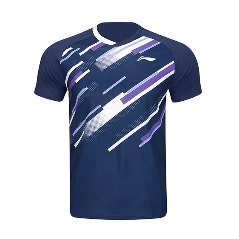 Maillot de pickleball Li-Ning Pro bleu marine vu de face sur fond blanc, col en V bicolore et motif diagonal
