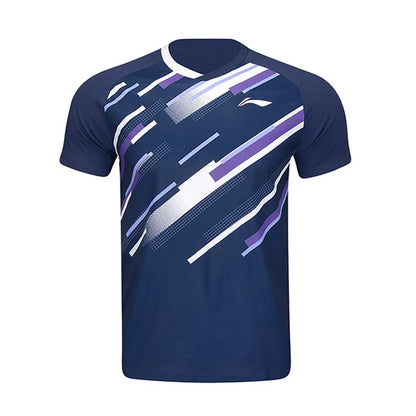 Maillot de pickleball Li-Ning Pro bleu marine vu de face sur fond blanc, col en V bicolore et motif diagonal