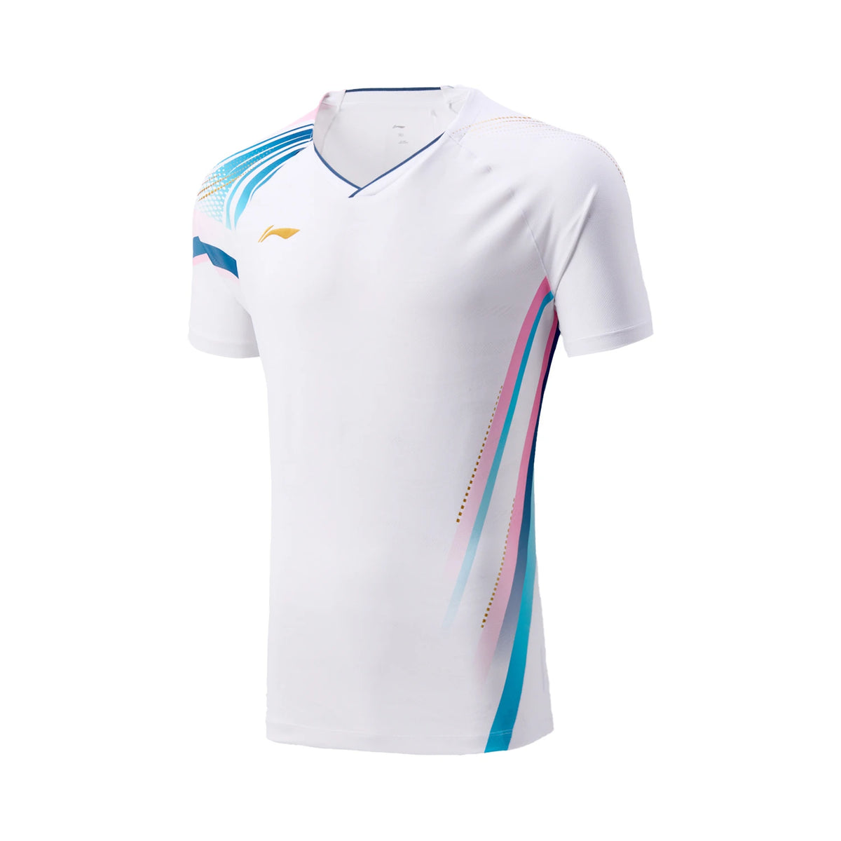 Maillot de pickleball Li-Ning Compétition blanc vu de face, col en V marine et traits bleus et roses