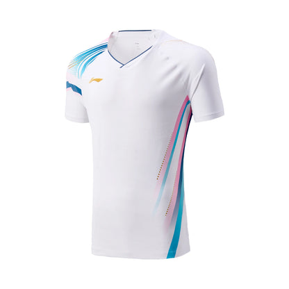 Maillot de pickleball Li-Ning Compétition blanc vu de face, col en V marine et traits bleus et roses