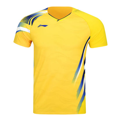 Maillot de pickleball Li-Ning Compétition jaune vu de face, logo bleu marine et rayures bleues et blanches