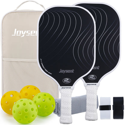 Pack Joysent coloris blanc : deux raquettes en carbone noir à cadre et grip blancs, sac beige, balles et surgrips