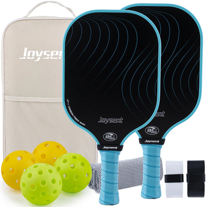 Pack Joysent coloris bleu : deux raquettes noires à cadre et grip bleu ciel, sac beige, quatre balles et serviette