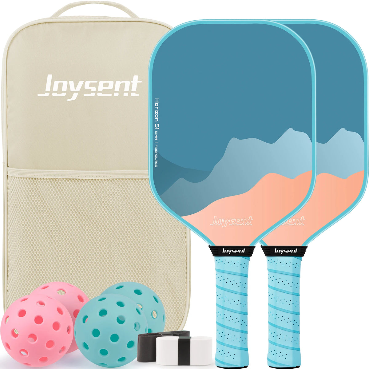 Pack de pickleball Joysent coloris bleu : deux raquettes bleu pétrole et pêche, grip bleu ciel, sac beige et balles