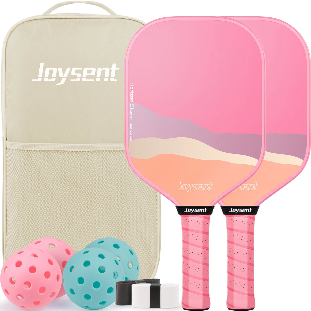 Pack de pickleball Joysent coloris rose : deux raquettes fibre de verre, sac beige, quatre balles et deux surgrips