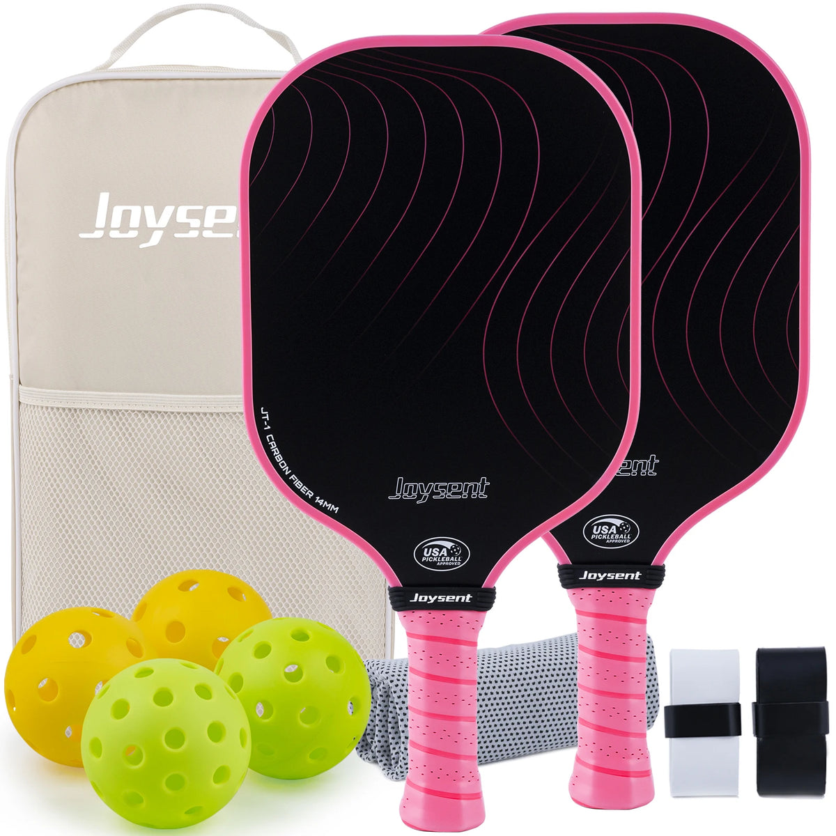 Pack Joysent coloris rose : deux raquettes en carbone noir à cadre et grip rose, sac beige, balles et serviette