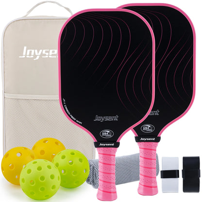 Pack Joysent coloris rose : deux raquettes en carbone noir à cadre et grip rose, sac beige, balles et serviette