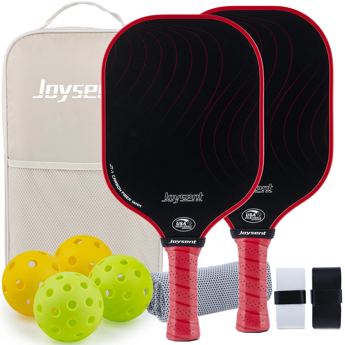 Pack Joysent coloris rouge : deux raquettes en carbone noir à cadre rouge, sac beige, balles, serviette et surgrips