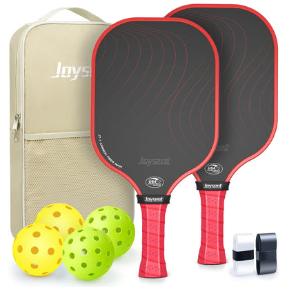 Pack Joysent de deux raquettes de pickleball en carbone rouges et noires, sac beige, quatre balles et deux surgrips