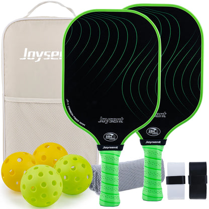 Pack Joysent coloris vert : deux raquettes en carbone noir à cadre vert fluo, sac beige, balles et surgrips