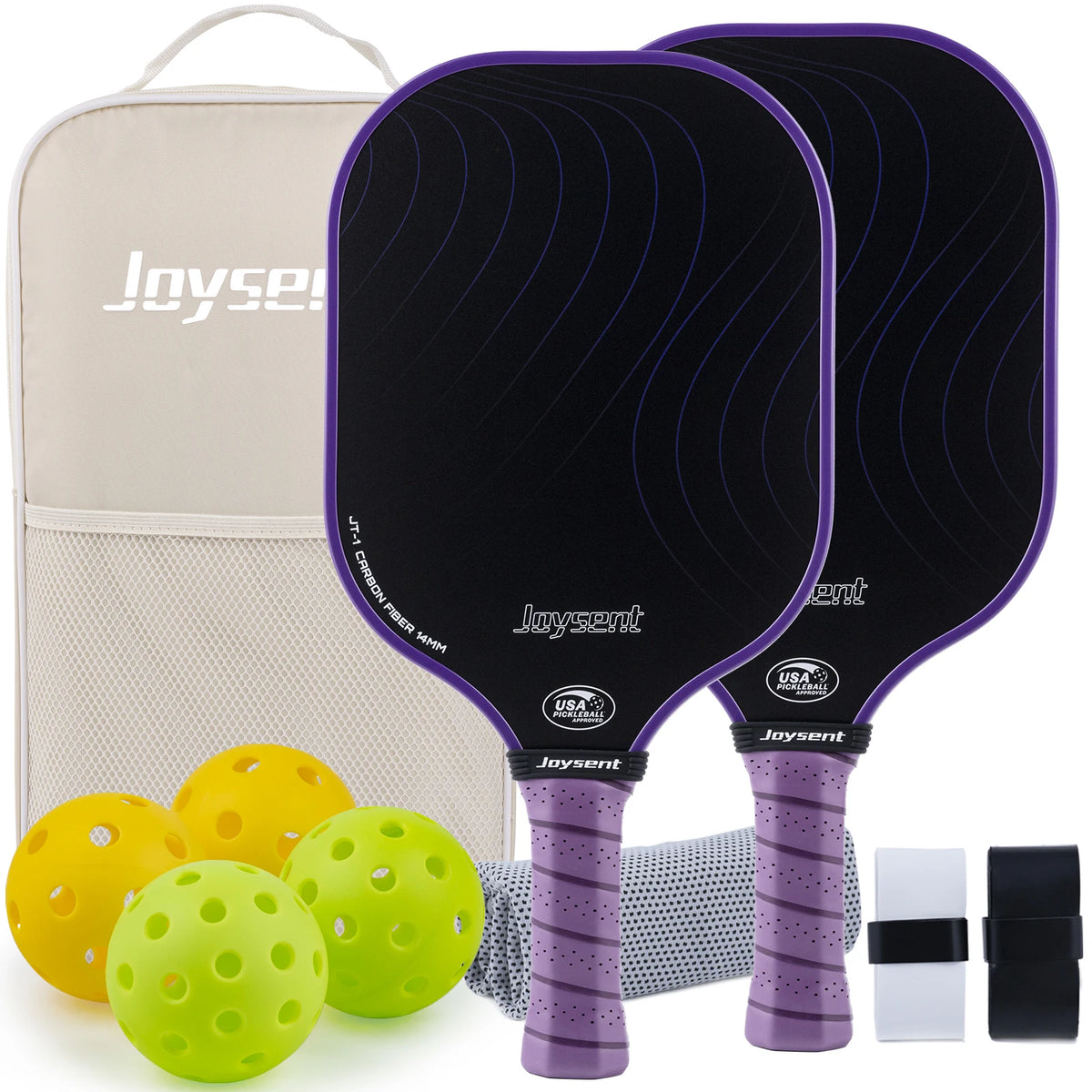 Pack Joysent coloris violet : deux raquettes en carbone noir à cadre violet, sac beige, balles et deux surgrips