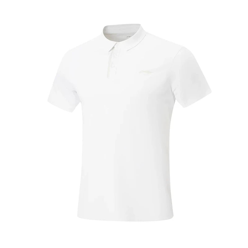Polo technique homme Li-Ning LN FAST DRY blanc vu de face, boutons et logo ton sur ton sur la poitrine