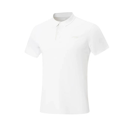 Polo technique homme Li-Ning LN FAST DRY blanc vu de face, boutons et logo ton sur ton sur la poitrine
